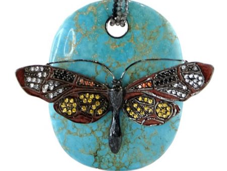 Turquoise & Butterfly beaded pendant necklace with Silver, Rust Orange Enamel, Yellow Sapphires, Black Spinel, Orange Sapphires, White Topaz, Tourmaline Beads & Hematite Beads Online Hot Sale