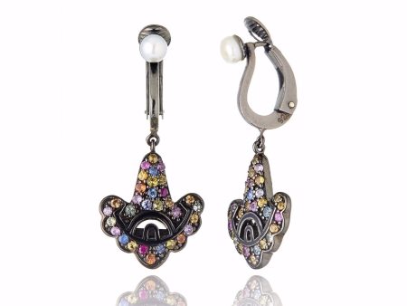 Sterling Silver Statement Earring Clips With Black Enamel, Mixed Sapphires & White Pearl Online now