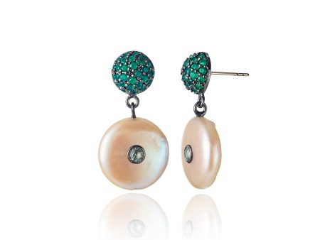 Sterling Silver Statement Earrings with Green Sapphires, Green Agate & Pink Pearls on Sale