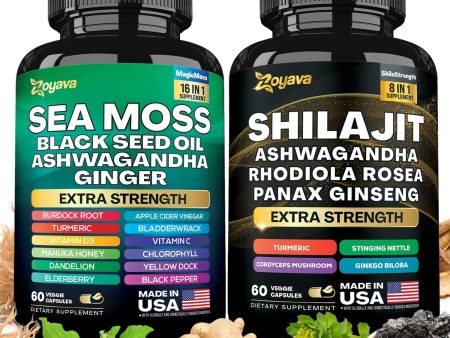 Zoyava Dynamic Vitality Bundle, Sea Moss and Shilajit Bundle, Sea Moss 7000mg, Black Seed Oil 4000mg, Ashwagandha 2000mg, Ginger & Shilajit 9000mg, Rhodiola Rosea 1000mg, Panax Ginseng (60 Count) For Discount