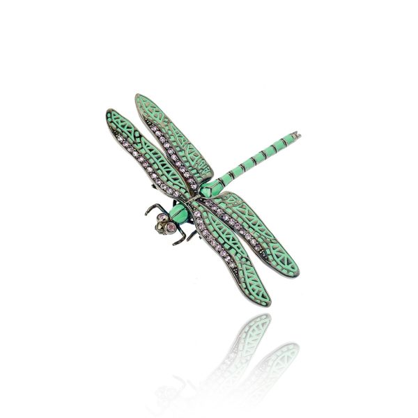 Dragonfly Pin in Sterling Silver with Green Enamel and Pink Sapphires Online