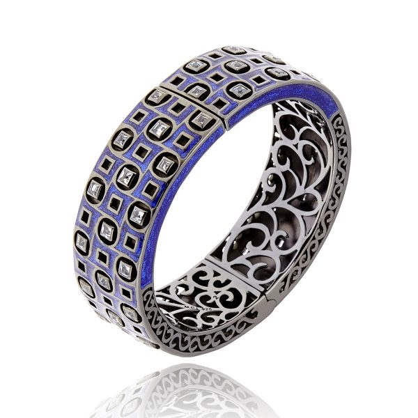 MCL Design Sterling Silver Bangle Bracelet with Dark Purple Oil Enamel & Blue Topaz Hot on Sale