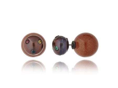 Sterling Silver Stud Earrings with Mixed Sapphires, Black Pearls & Gold Sunstone Beads Online Sale