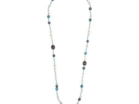 MCL Design Turquoise Beaded Statement Necklace with Sterling Silver, Dark Blue Glitter Enamel, Mixed Sapphires, Black Pearls & White Pearls For Discount