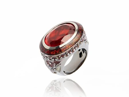 MCL Design Sterling Silver Statement Ring with Xmas Red Glitter Enamel & Red Quartz For Discount