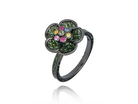 Sterling Silver Stack Ring With Leaf Green Glitter Enamel & Mixed Sapphires Supply