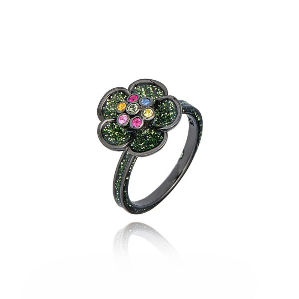 Sterling Silver Stack Ring With Leaf Green Glitter Enamel & Mixed Sapphires Supply