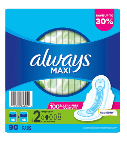 Always Long and Super Maxi Pads with Flexi-Wings Multipack, 90 ct. Online now