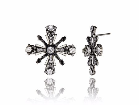 Sterling Silver Stud Earrings with White Enamel, Black Spinel & White Topaz For Discount