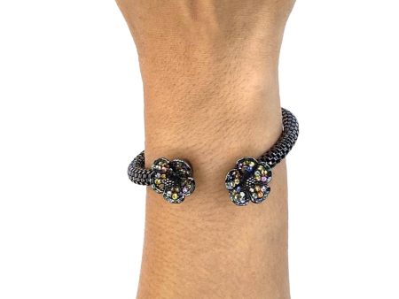 MCL Design Sterling Silver Double Flower Bracelet with Dark Green Glitter Enamel & Mixed Sapphires For Sale