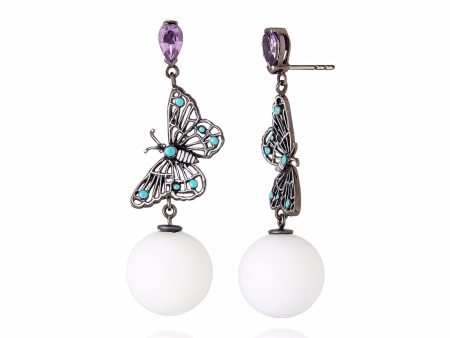 Sterling Silver Statement Butterfly Earrings With White and Mint Enamels, Amethyst, Orange Sapphires & White Agate Beads For Discount