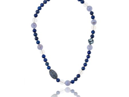 Beaded Statement Necklace with Sterling Silver, Blue Sapphires, Blue Lace Agate & Lapis Beads on Sale