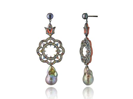 Sterling Silver Statement Earrings with True Red Enamel, Mixed Sapphires & Black Pearls Cheap