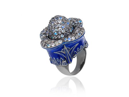 MCL Design Sterling Silver Statement Ring With Dark Blue Oil Enamel & Moonstones Fashion