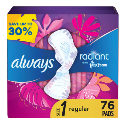 Always Radiant Size 1 Regular Pads with Wings, 76 ct. - Scented Online now