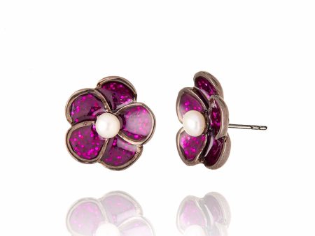 Sterling Silver Stud Earrings with Dark Wine Glitter Enamel & White Pearls on Sale