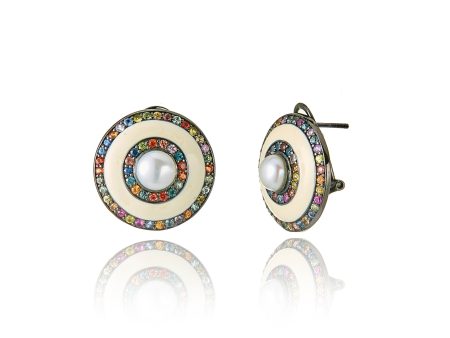 MCL Design Sterling Silver Button Earrings With White Enamel, Mixed Sapphires & White Pearls Online Hot Sale