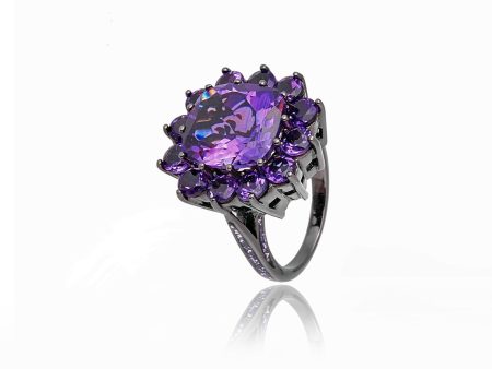 MCL Design Sterling Silver Flower Stack Ring With Light Purple Glitter Enamel & Amethyst Cheap