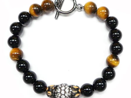 Onyx & Tiger Beaded Bracelet with Sterling Silver, Peach Enamel & White Zircon For Discount