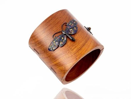 Wooden Bangle Bracelet with Sterling Silver Butterfly in Royal Blue Gum Glitter and Black Enamel & Mixed Sapphires Online now