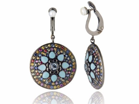 Sterling Silver Statement Earring Clips With Baby Blue Enamel, Mixed Sapphires, Blue Topaz & White Pearl Online Hot Sale