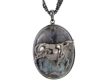 Taurus Pendant Necklace in Silver with Dark Green Glitter Enamel, Mixed Sapphires, Labradorite, Black Spinel and Hematite Cheap