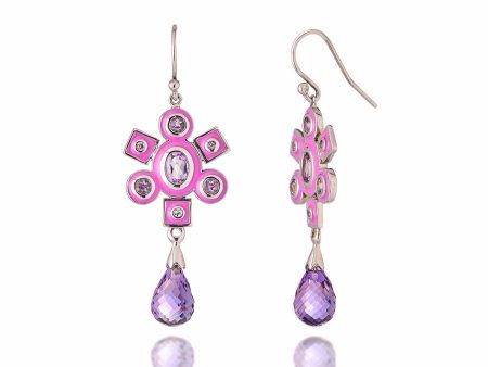 Sterling Silver Statement Earrings with Sweet Purple Enamel, Mixed Rose Sapphires & Amethyst Drops Cheap