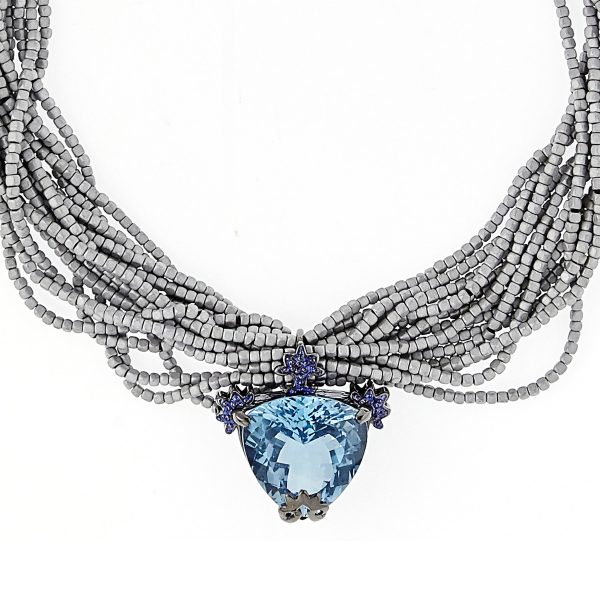 Sterling Silver Statement Necklace With Laser Gray Glitter Enamel, Blue Topaz & Gray Hematite Beads Online Sale