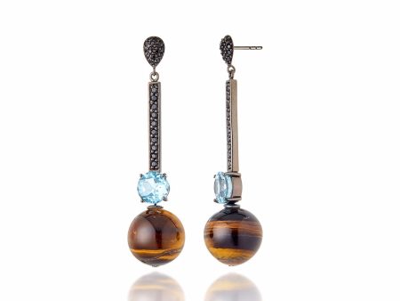 Sterling Silver Statement Earrings With Black Spinel, Blue Topaz & Tiger Beads Online now