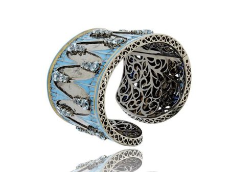 Sterling Silver Statement Cuff Bracelet with Metallic Olive and Midday Blue Enamels & Blue Topaz Fashion