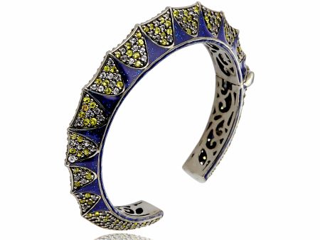 Sterling Silver Cuff Bracelet With Dark Blue Glitter Enamel & Mixed Yellow Sapphires For Discount