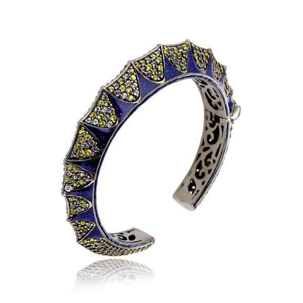 Sterling Silver Cuff Bracelet With Dark Blue Glitter Enamel & Mixed Yellow Sapphires For Discount