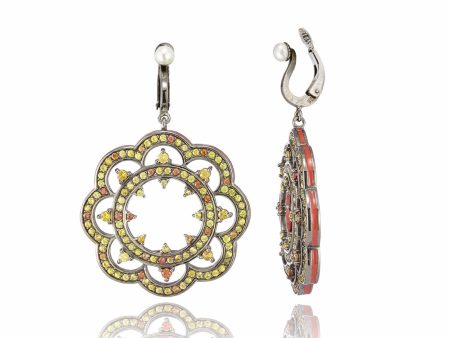 Sterling Silver Statement Earring Clips With True Red Enamel, Warm Mixed Sapphires & White Pearl Discount