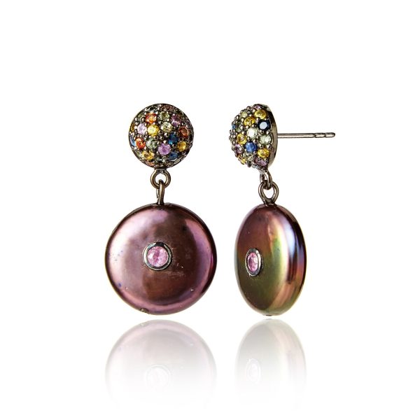 Sterling Silver Statement Earrings with Mixed Sapphires & Black Pearls Hot on Sale