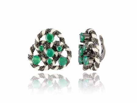 Sterling Silver Stud Earring Clips With White Enamel & Green Agate Discount