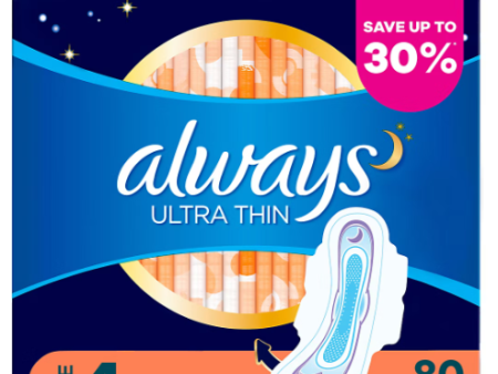 Always Ultra Thin Size 4 Overnight Pads with Flexi-Wings, 80 ct. - Unscented Hot on Sale